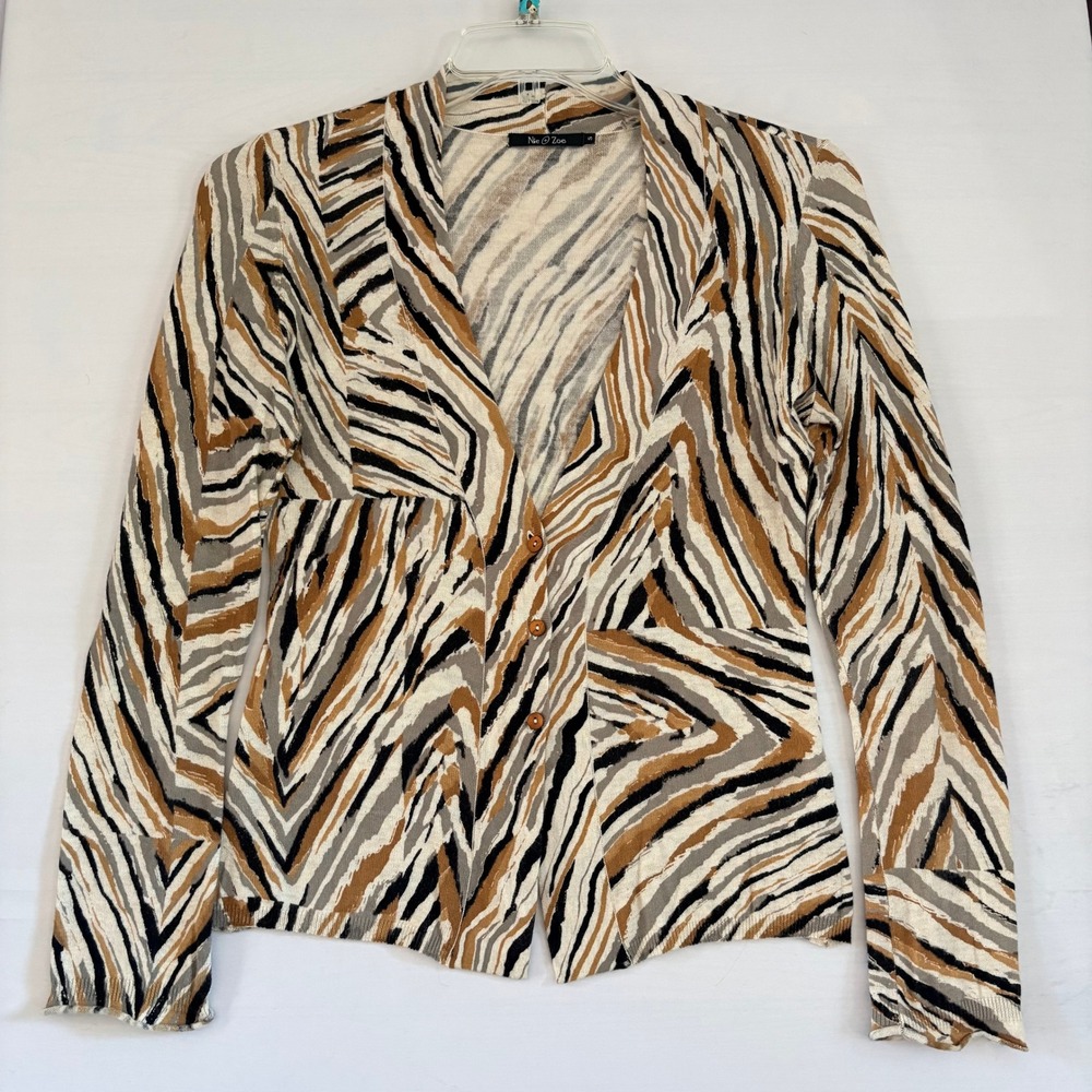 Nic +‎ Zoe Zebra Print Cardigan Sweater Womens Small Tan Black Neutral Abstract